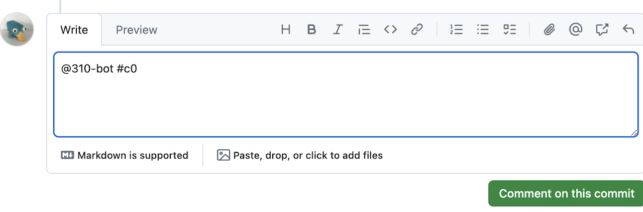 In GitHub, navigate to view a commit and then add a comment at the bottom of the page with the deliverable. In this example, the deliverable was specified as c0. commit-comment